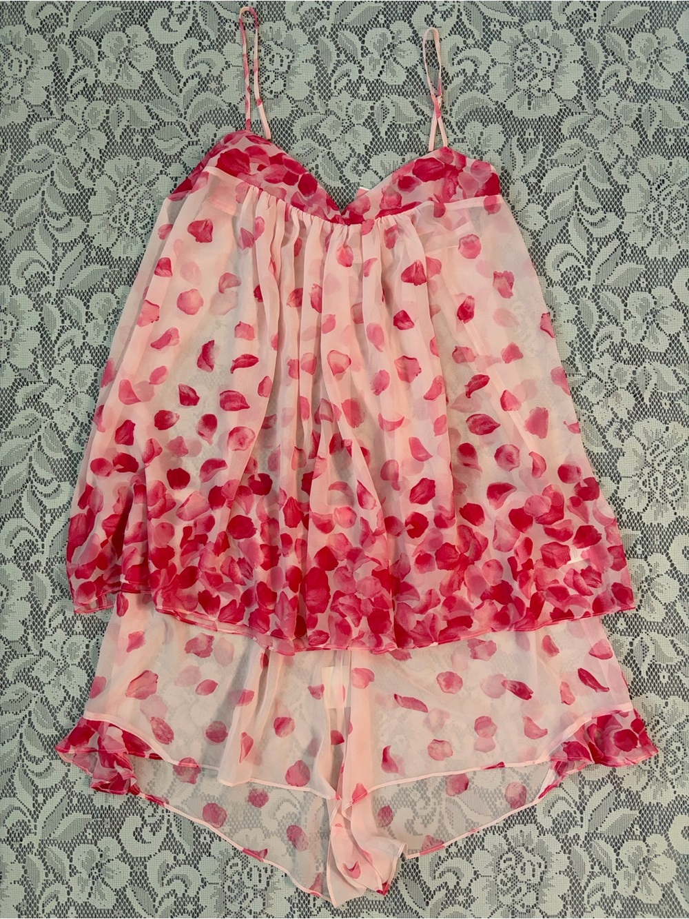 Oscar de la Renta Pink Label Rose Petal Chiffon Camisole & Short Lingerie Set